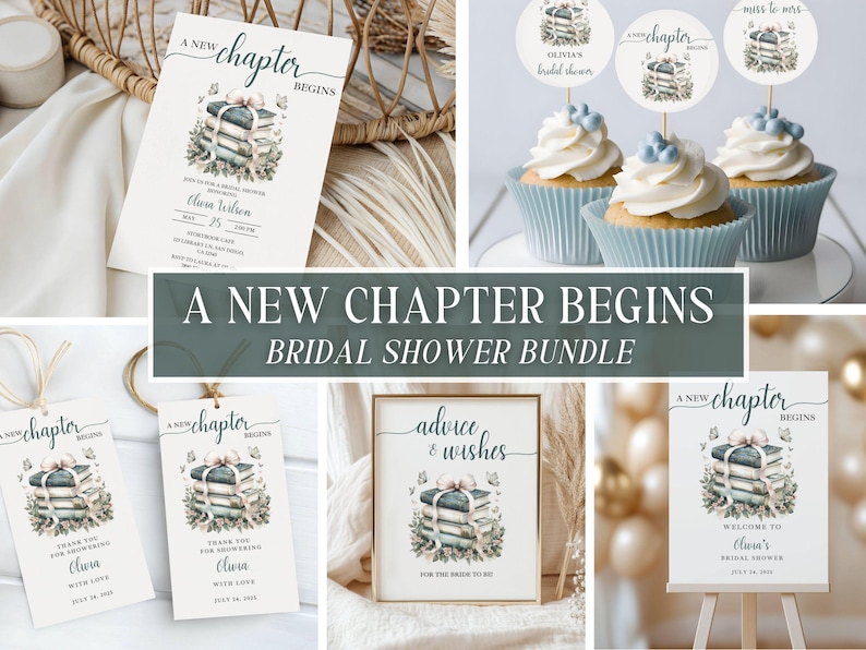 May include: A collection of bridal shower stationery with a watercolor book design. Includes invitations, cupcake toppers, tags, a framed sign, and a welcome sign. The text reads "A New Chapter Begins" and "Advice & Wishes".