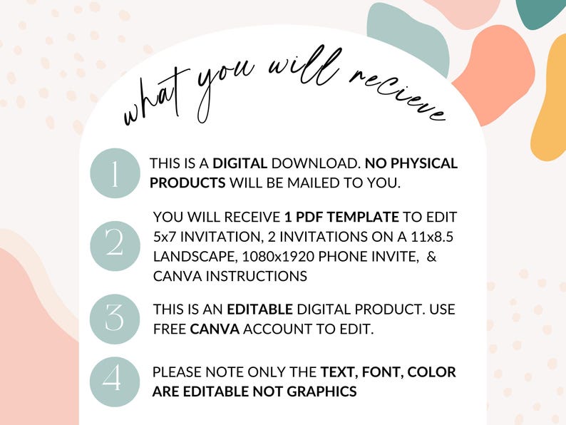May include: Digital download graphic with text: "what you will receive." Includes a PDF template for a 5x7 invitation, two 11x8.5 landscape invitations, a phone invite, and Canva instructions. Text, font, and color are editable.
