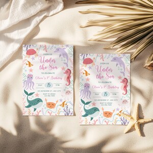 May include: Two invitations with an "Under the Sea" theme. The invitations feature illustrations of sea creatures like dolphins, seahorses, and octopuses. The text includes "Join Us", "To Celebrate Olivia's 3rd Birthday", and the date July 15th.