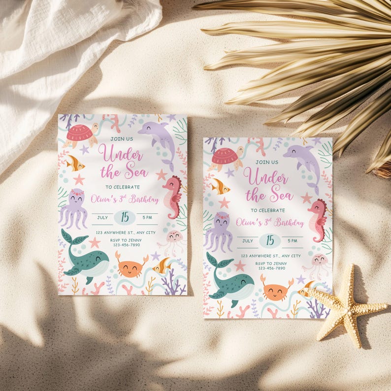 May include: Two invitations with an "Under the Sea" theme. The invitations feature illustrations of sea creatures like dolphins, seahorses, and octopuses. The text includes "Join Us", "To Celebrate Olivia's 3rd Birthday", and the date July 15th.