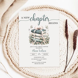 May include: Bridal shower invitation with the text "A New Chapter Begins." The invitation features a watercolor illustration of a stack of books tied with a bow, surrounded by flowers and butterflies. The invitation includes the name Olivia Wilson, date, time, and location.
