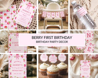 Berry First Birthday Bundle Party Decor, Pink Coquette Bow Strawberry 1st Birthday Girl Invite, Berry First Birthday Girl Party Invitation