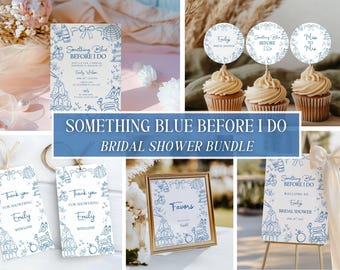 Something Blue Before I Do Bridal Shower Bundle, Hand Drawn Dusty Blue Bridal Set, Editable Whimsical Wedding, Bow Bridal Decor