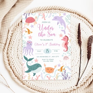 Under The Sea Birthday Invitation, Oneder The Sea Party Invite, Editable Ocean Animal Theme Template, 3rd Birthday Girl Digital Invitation
