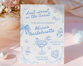Last Toast On The Coast Bachelorette Invitation, Hand Drawn Bach Weekend Beach Party Invite, Coastal Digital Bachelorette Itinerary, A3