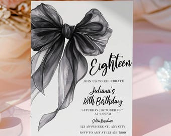 Black Bow Birthday Invitation, Editable 18th Birthday Invite, Coquette Ribbon Canva Template