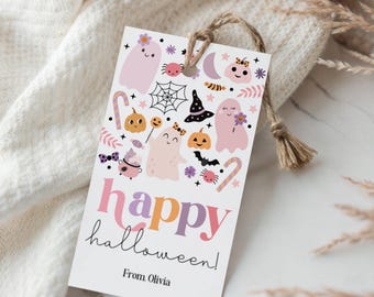 Boo Halloween Favor Tags, Editable Happy Halloween Gift Tags, Trick Or Treat Favor Tags, Spooky Pink Ghost Treat Tag Printable