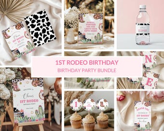 Puede incluir: Un paquete de fiesta de cumpleaños de 1er Rodeo rosa y verde con una variedad de artículos imprimibles, que incluyen un letrero de bienvenida, un letrero de regalo, adornos para cupcakes, etiquetas para botellas de agua y etiquetas de agradecimiento. Los diseños presentan un patrón de piel de vaca, cactus, botas y otros elementos con temática de rodeo.