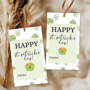 Happy St. Patricks Day Printable Gift Tag, Editable St Patricks Day Pot of Gold Clover  Class Favor Tags, Kids Teacher Sweet Treat Tag