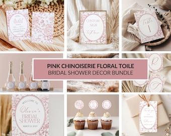 Pink Toile Bridal Shower Bundle, Elegant Chinoiserie Decor, Vintage French Bridal Shower, Wedding Shower Invitation Set Printable, A1