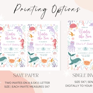 May include: Two invitation designs with an "Under the Sea" theme. One layout features two invitations on an 8.5x11 inch sheet, and the other is a single 5x7 inch invite. Both designs include sea creatures and event details.