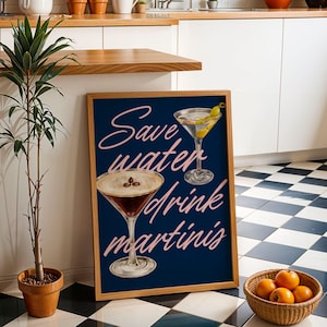 Impresión artística de martini/Decoración de carrito de bar/Póster de cóctel/Letrero de bebida exclusiva para fiesta/Pared de moda/Espresso retro minimalista, elegante y sofisticado