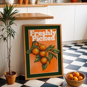 Orange Wall Decor, Orange Fruit Poster, Farmhouse Kitchen Art Painting, Kitchen Prints, Trendy Food Art, Retro Kitchen Art, Fruit Wall Decor