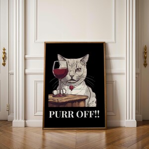 PURR OFF モダンでミニマリストな猫のワインアート、バーカートのウォールアート、印刷可能な生意気な猫のアートプリント、ペット愛好家のためのデジタルワインデコレーション、面白い猫のポスター