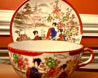 Juego de 6 tazas y platillos de té de cerámica de geisha japonesa vintage pintados a mano