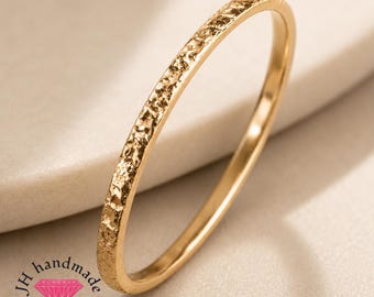 9ct Solid Gold Deep hammered pattern Stacking Ring 1.1mm Handmade 375 Yellow Gold
