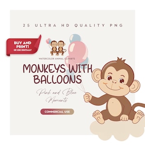 Cute Monkey Cliparts with Balloons, Baby Monkey PNGs for Birthday, Baby Shower and Nursery Wall Art, Digital Clipart Bundle