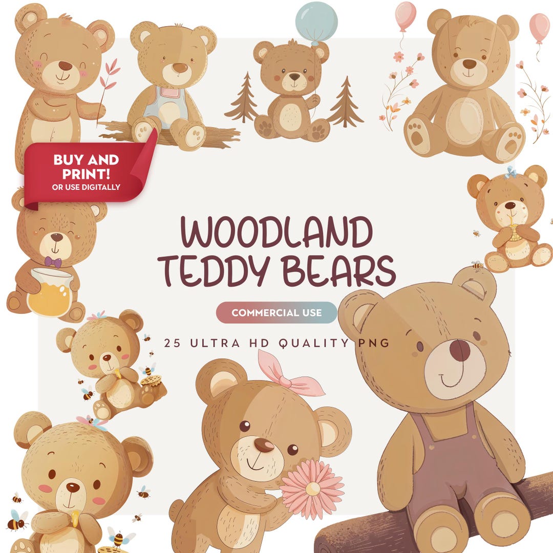 Woodland Teddy Bear Clipart for Nursery, Baby Shower & Birthday Crafts ...