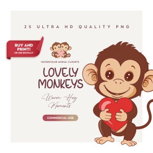 Monkey Cliparts with Hearts, Cute Baby Monkey PNG for Baby Shower Decor, Nursery Wall Art, Safari Animals and Scrapbook Crafts