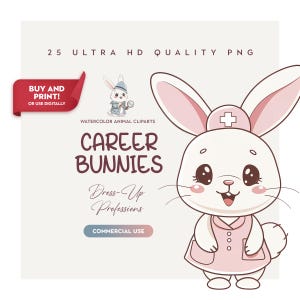 25 imágenes prediseñadas de conejitos de alta calidad para manualidades infantiles en el aula. Imágenes PNG de animales adorables de enfermeras, astronautas, bomberos, policías y roles escolares.