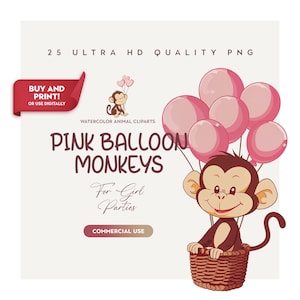 25 HQ Pink Balloon Monkey Cliparts, ujawnienie płci dziecka, przyjęcie urodzinowe, słodka małpka PNG, sztuka ścienna do pokoju dziecięcego, projekty scrapbookingu i sublimacji