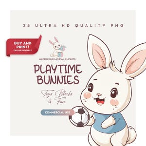 25 cliparts de coelhos de brincadeira de alta qualidade para berçário e chá de bebê, coelhos fofos PNG para arte de parede infantil, brinquedos, cartões de aniversário e presentes