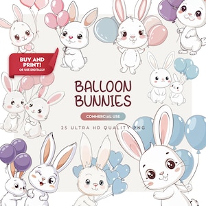 Balloon Bunny Cliparts: Baby Shower and Birthday Party Decor PNG