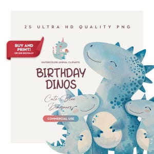 25 cliparts de dinossauros azuis em aquarela de alta qualidade, aniversário e dia dos pais, animais, dinossauros, PNGs, arte de parede para berçário, artesanato por sublimação e presentes para impressão