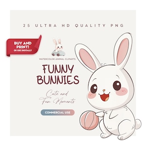 25 cliparts engraçados de coelhos em alta qualidade para chá de bebê e aniversário, PNGs fofos de coelhos para adesivos, enfeites de bolo, impressões e arquivos limpos de alta resolução