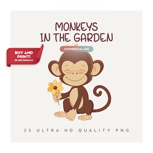 Monkeys in the Garden Clipart - Cute Baby Monkey - Jungle Safari PNG for Nursery Decor - Birthday Party Crafts - Sublimation Animal PNG