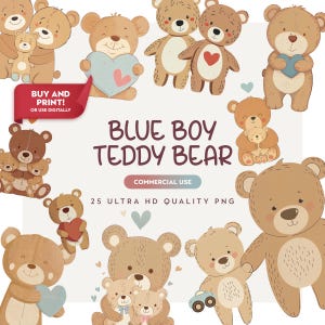 Blue Teddy Bear Clipart: Baby Shower Party and Nursery Decor PNGs (Instant Download)