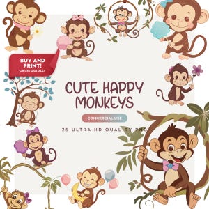 Cute Baby Monkey Cliparts - Baby Shower and Birthday Party - Jungle Monkey PNG - Safari Animals Nursery - Digital Download - Sublimation PNG