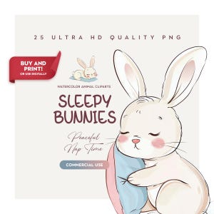 25 HQ Sleepy Bunny Cliparts voor kinderkamermuurkunst en babyshowerdecoratie, Peaceful Nap Time-png's voor kinderkamerafdrukken, stickers en sublimatie