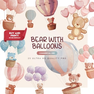 Watercolor Teddy Bear Cliparts with Balloons for Baby Shower, Nursery Decor