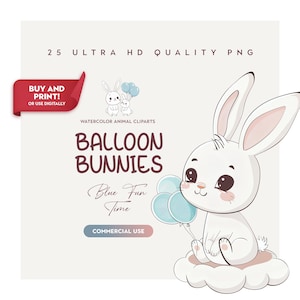 Blue Balloon Bunny Clipart for Baby Shower and Nursery Decor, Boy Rabbit PNG for Birthday Party Crafts, Cute Bunny Prints and Wall Art