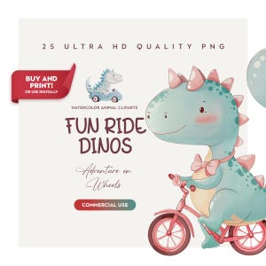 25 clipart de dinossauro em aquarela de alta qualidade, carros e bicicletas, bebê dinossauro fofo PNG para impressões de festa de aniversário, artesanato para chá de bebê, arte de parede de berçário
