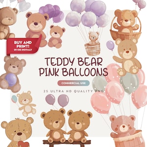 25 Clipart di orsacchiotti di peluche HQ, palloncini rosa per baby shower, decorazioni per la cameretta dei bambini, stampabili a sublimazione, per bambine, orsacchiotti, PNG, lavoretti per feste, download digitale