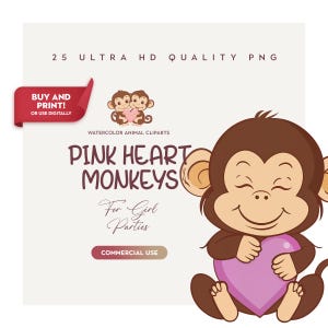25 cliparts fofos de macacos bebês em alta qualidade para decoração de chá de bebê rosa, pacote de PNG de selva para scrapbook, diário de sucata, download digital por sublimação