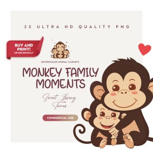 25 cliparts engraçados de família de macacos em alta qualidade para o dia dos pais e festa de aniversário, PNGs de macacos fofos, artesanato para scrapbook, chá de bebê na selva, impressões digitais