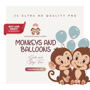 Bundle de 25 cliparts singe drôle HQ, bébé singe mignon PNG, clipart animaux de la jungle pour Art mural chambre d'enfant, baby shower, téléchargement numérique
