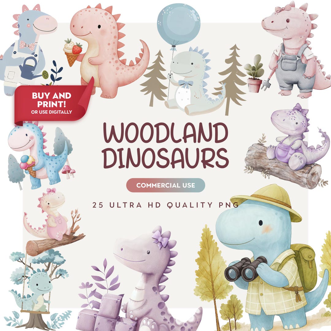 Woodland Dinosaur Clipart - Cute Dino PNG - Nursery Wall Art - Baby ...
