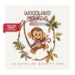 Woodland Monkey Cliparts - Cute Baby Monkeys PNG - Safari Jungle Animals - Funny Monkey Sublimation - Transparent PNG - Commercial Use