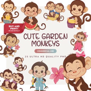 Cute Garden Monkey Clipart - Baby Shower - Nursery Wall Art - Monkey PNG - Jungle Birthday - Digital Animal Clipart - Commercial Use