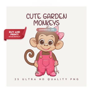 Cute Garden Monkeys - Girl and Boy Baby Shower Nursery Decor Birthday - Monkey PNG - Animal Clipart - Commercial Use - Sublimation PNG