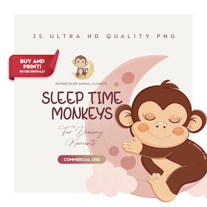 25 wysokiej jakości klipartów Sleepy Monkey na Safari Baby Shower lub dekoracje urodzinowe, słodkie zwierzęce PNG do ujawnienia płci, cyfrowe pobieranie sublimacji PNG