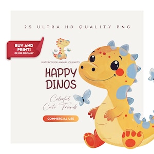 25 cliparts de dinossauros em aquarela de alta qualidade para decoração de berçário e festa, dinossauros fofos PNG para aniversário, chá de bebê, projetos de sublimação