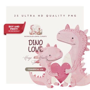 25 Cliparts de dinossauros em aquarela de alta qualidade com abraços para o Dia dos Pais. Animal fofo, dinossauro rosa, clipart PNG, artesanato para festa de aniversário, sublimação PNG.