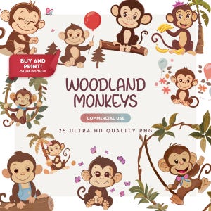 Woodland Monkey Clipart Pack - Cute Baby Monkey PNG - Safari Jungle Animals - Funny Monkey Sublimation - Digital Download - Commercial Use