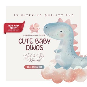 25 clipart de dinossauro bebê em aquarela de alta qualidade, dinossauro fofo em pastel PNG, arte de parede para berçário, festa de aniversário, decoração de berçário, chá de bebê, artesanato para imprimir