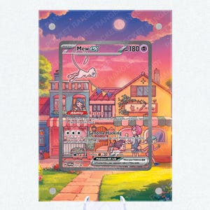 Może przedstawiać: Karta kolekcjonerska Pokémon z Mew ex i kolorową ilustracją miasta. Karta posiada zdolności "Genome Hacking" i "Restart". Karta jest prezentowana na przezroczystym stojaku.